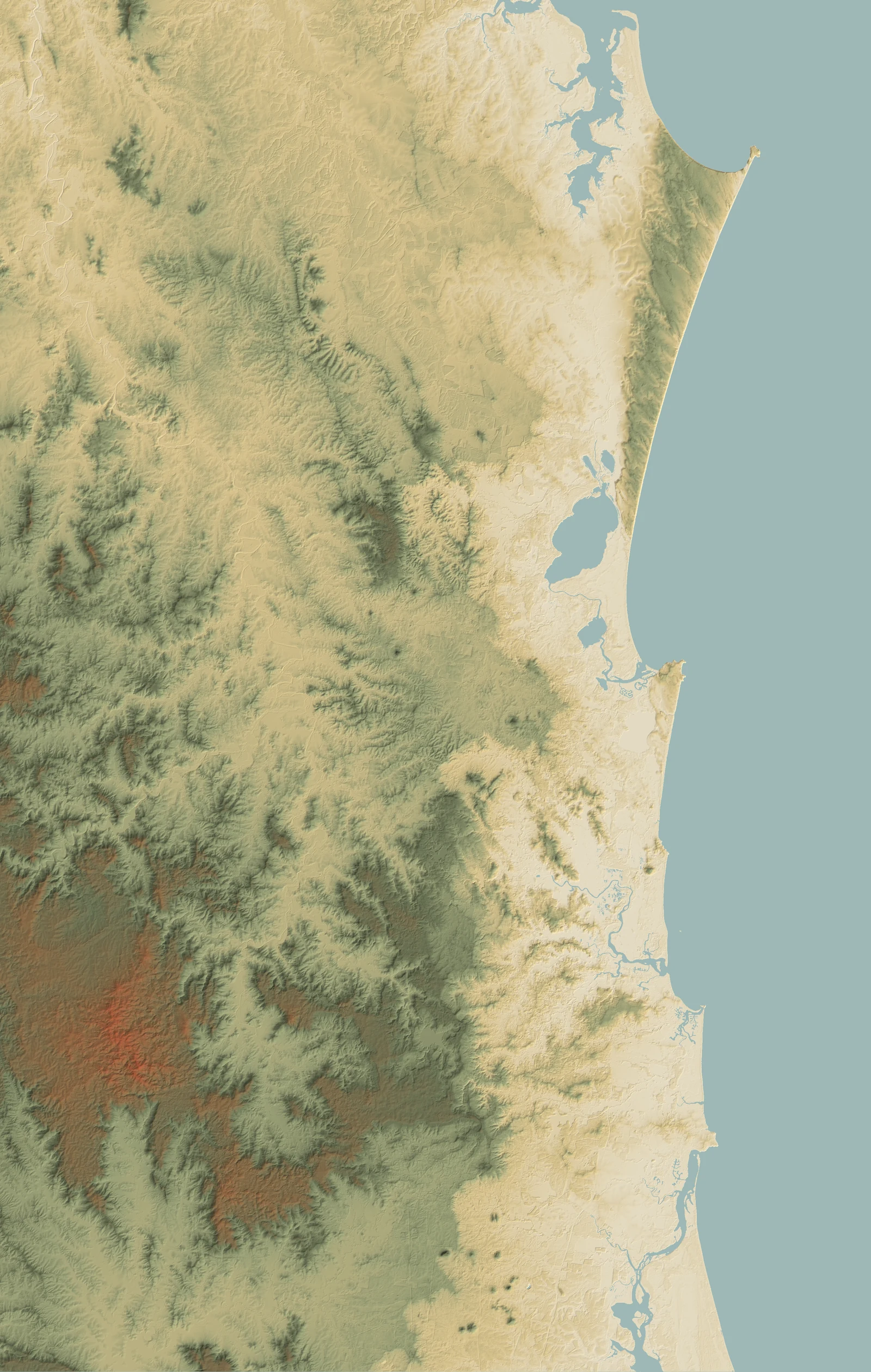 Shaded-relief map of the Sunshine Coast region, from the coastline in the east to the ranges in the west, tinted cream on the low coastal plain through sage-green foothills to terracotta on the highest ranges.